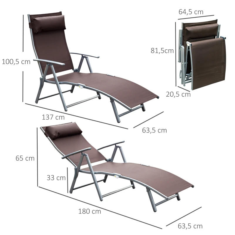 Outsunny Outdoor Metal Sun Lounger Reclining Chair with 7 Level Adjustable Backrest 115cm wide Textilene Seat for Patio Garden Balcony Brown