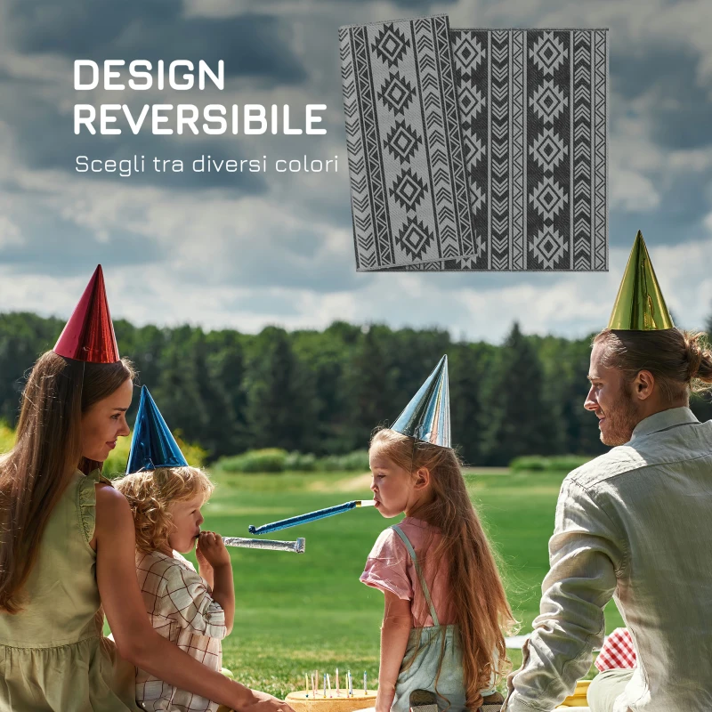 Outsunny Tappeto Moderno per Esterni Nero e Grigio in PP con Design Reversibile e Pieghevole, 182x274 cm