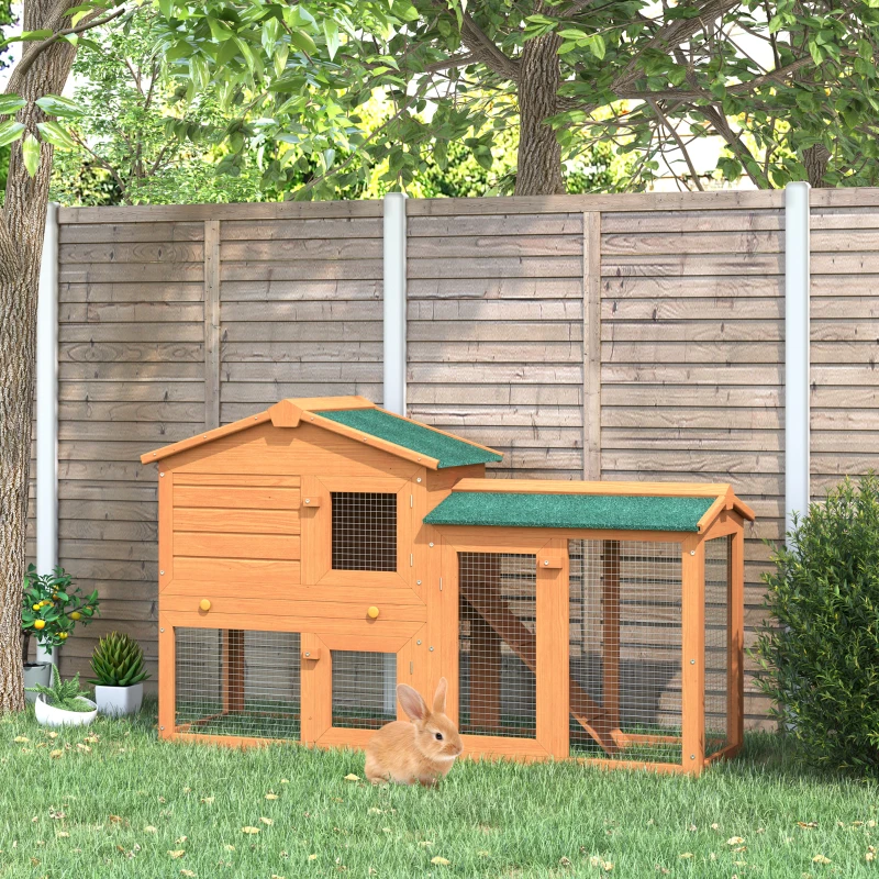 PawHut Rabbit 2 Tier Fir Wood Small Animal Hutch w/ Ramp Brown
