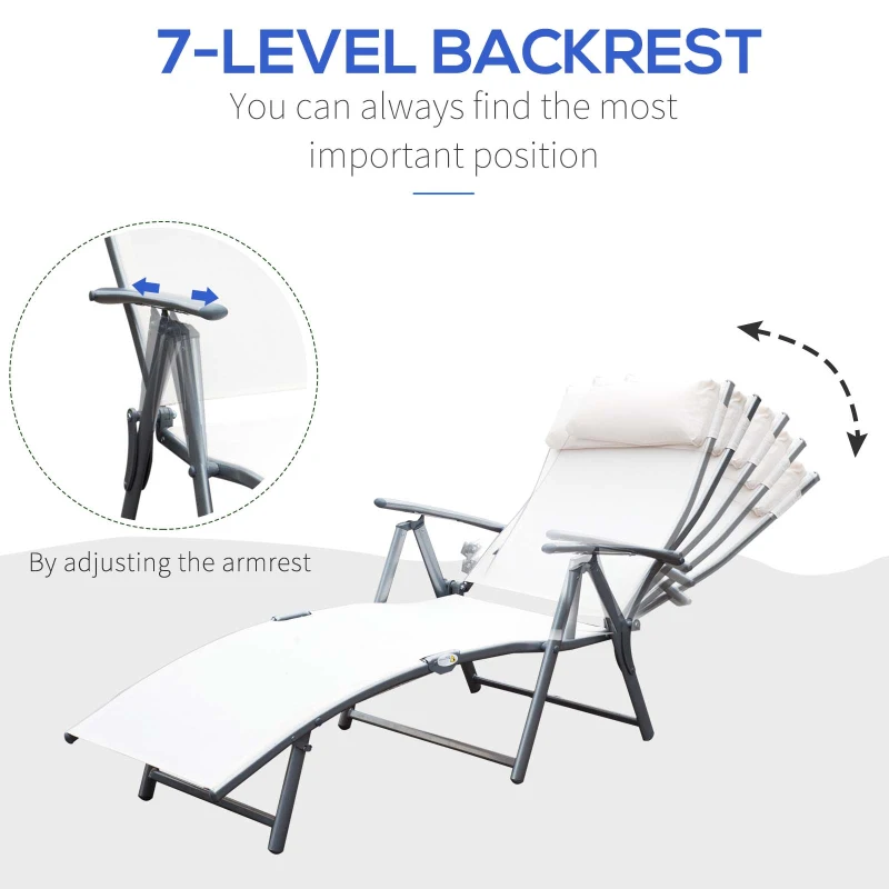 Outsunny Outdoor Recliner Sun Lounger Chair, Steel Frame Folding Chaise Lounge Chair with Headrest, 7 Levels Adjustable Backrest and Breathable Mesh Fabric, Cream White