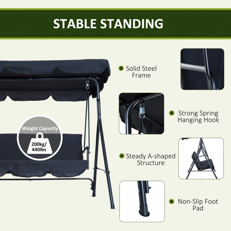 Outsunny Hammock Swing Chair, 3-Seater, Adjustable-Black