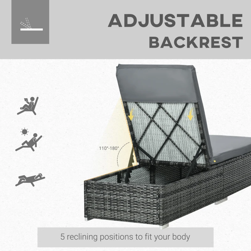 Outsunny Rattan Sun Lounger Adjustable Garden Furniture Recliner Bed Chair Reclining Patio Wicker, Grey