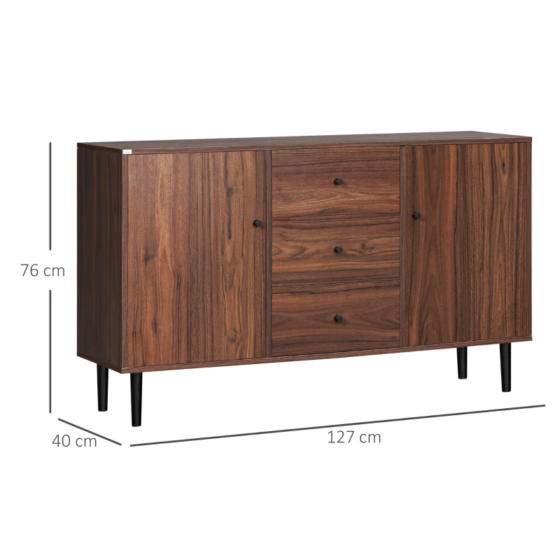 HOMCOM Aparador para Sala de Estar Aparador Buffet Moderno com 2 Portas e 3 Gavetas para Sala de Jantar 127x40x76cm Castanho Avermelhado e Preto
