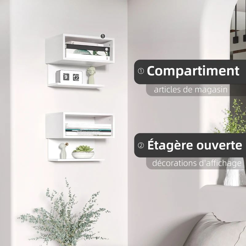 HOMCOM Lot de 2 tables de chevet murales - étagère, niche, plateau - blanc