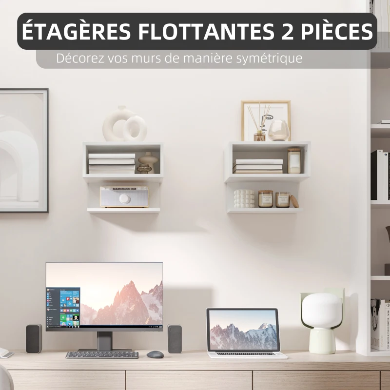 HOMCOM Lot de 2 tables de chevet murales - étagère, niche, plateau - blanc