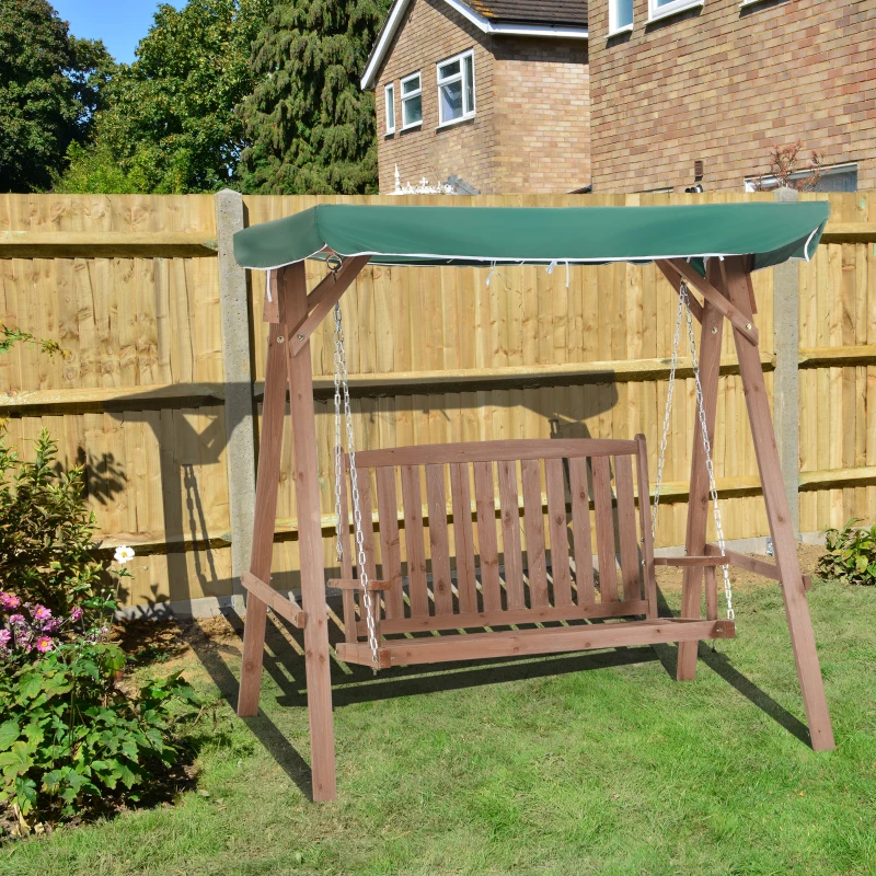 Outsunny 2 Seater Wooden Garden Swing Chair Seat Hammock Bench Loveseat Furniture Lounger Bed with Canopy - Green