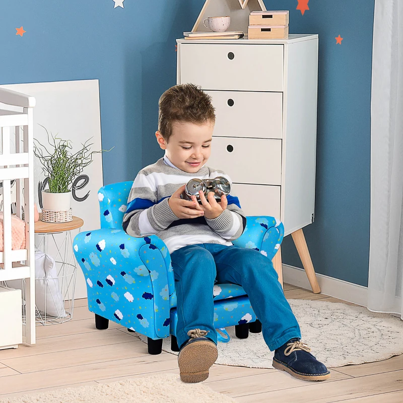 HOMCOM Kids Children Armchair Mini Sofa Wood Frame w/ Footrest Anti-Slip Legs High Back Arms Bedroom Playroom Furniture Cute Cloud Star Blue