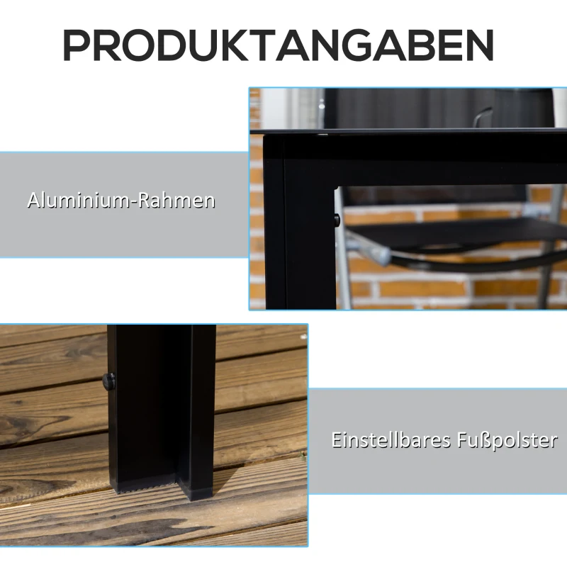 Tuintafel Outsunny voor 6 personen, weerbestendig, gehard glas, terrastafel, 150 cm x 90 cm x 74 cm, zwart