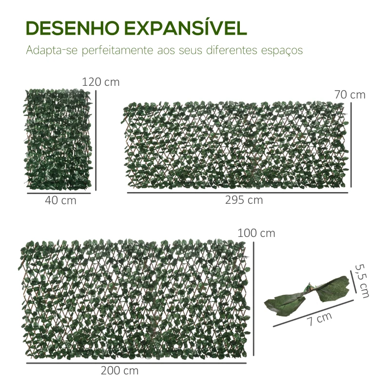 Outsunny Vedação com Treliça Expansível de 2 Peças com Folhas Artificiais Parede de Folhas com Vime Decorativa Vedação de Privacidade 295x70 cm Verde