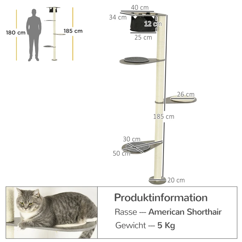 PawHut Drapak z Hamakiem, 3 Poziomy, Sznurek sizalowy, 50 cm x 34 cm x 185 cm, Szary + Naturalny