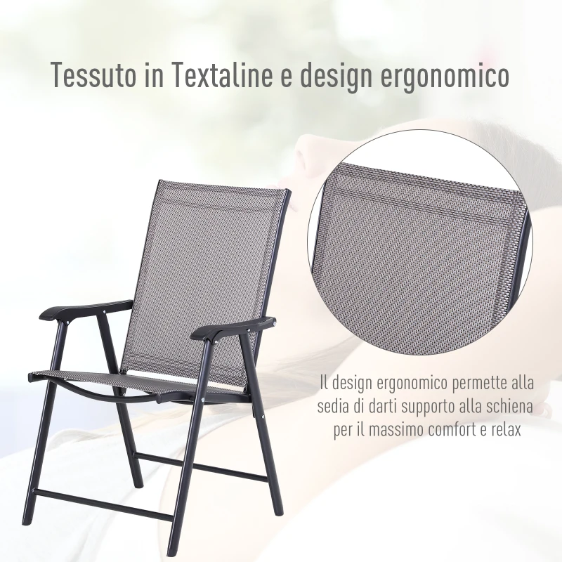 Outsunny Set 2 Sedie Pieghevoli da Esterni in Acciaio e Texteline Per Giardino Veranda Terrazzo, Grigio, 58 x 64 x 94cm
