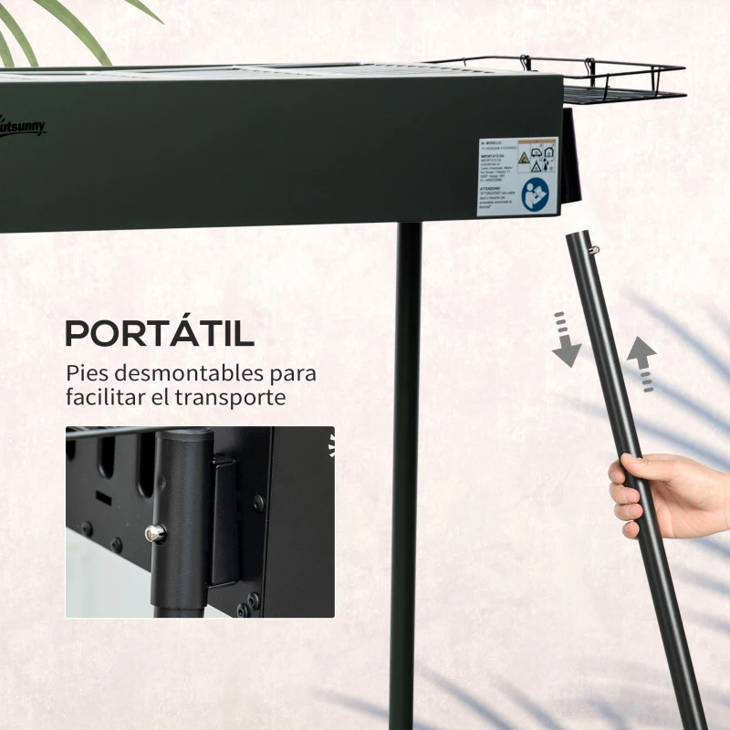 Outsunny Barbacoa de Carbón con 2 Parrillas de Acero Inoxidable Barbacoa Portátil con 2 Especieros para Camping 94x39x70 cm Negro