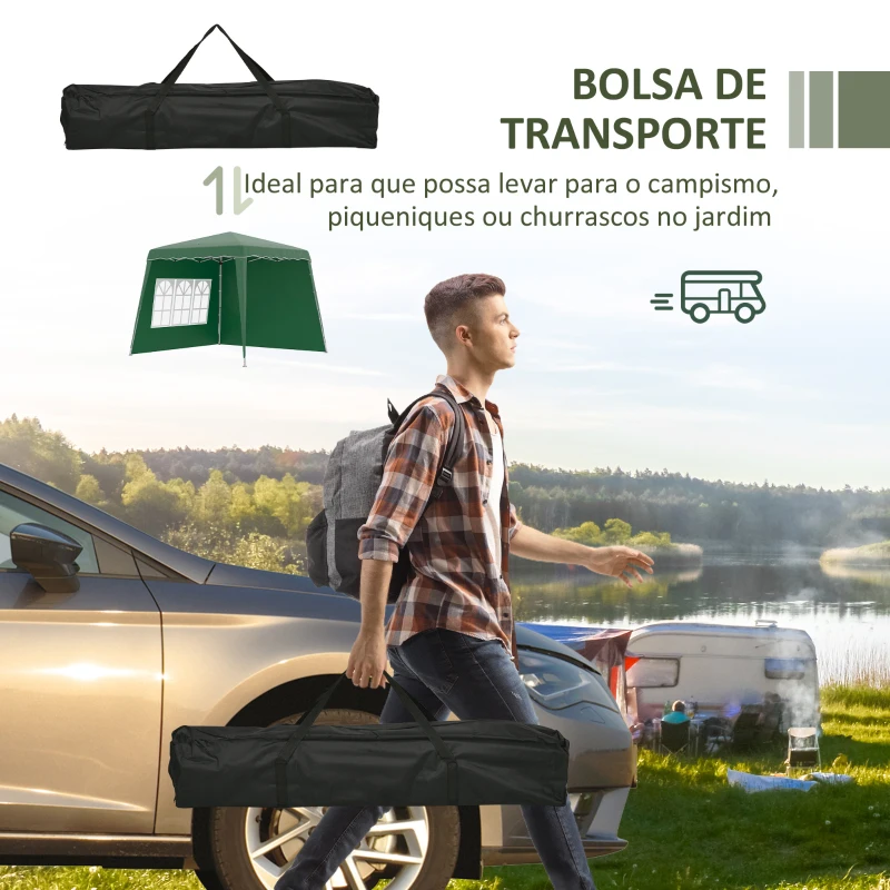 Outsunny Tenda Dobrável com 2 Paredes Laterais Altura Ajustável Proteção UV50+ e Bolsa de Transporte 240x240x250 cm Verde