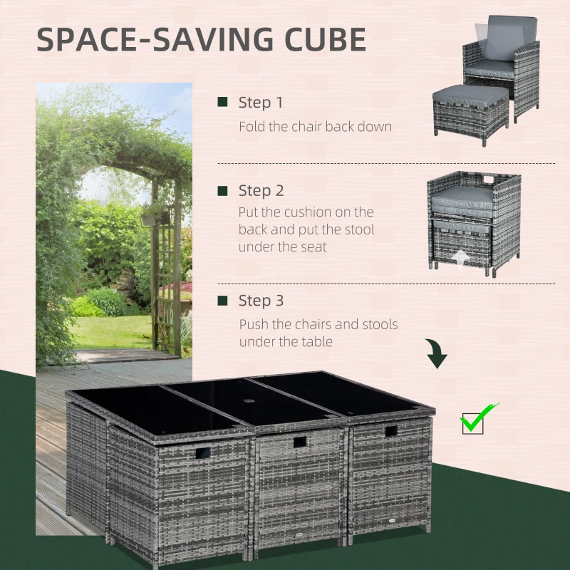 Outsunny 10 Seater Rattan Dining Table and Chairs Outdoor Bistro Table Set with Parasol Hole Footrest for Garden Yard Grey