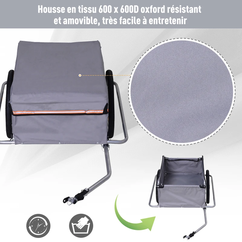 HOMCOM Remorque vélo remorque de transport pour vélo dim. 140L x 88l x 60H cm barre d'attelage universelle housse imperméable amovible gris