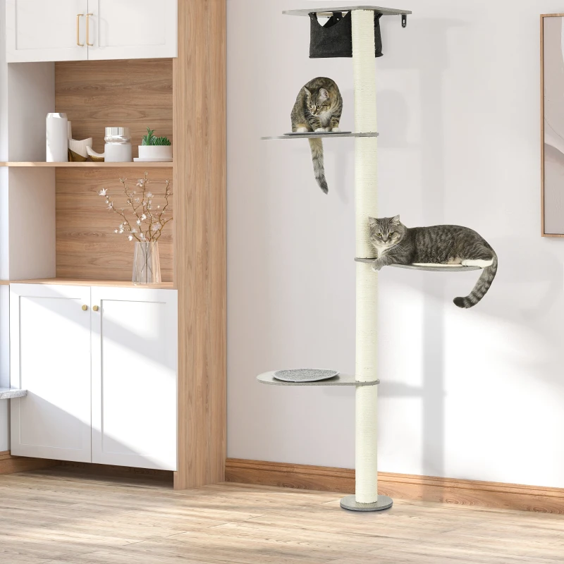 PawHut Drapak z Hamakiem, 3 Poziomy, Sznurek sizalowy, 50 cm x 34 cm x 185 cm, Szary + Naturalny