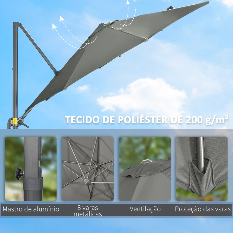 Outsunny Chapéu de Sol de Jardim Excêntrico com Rotação 360° Inclinação Manivela e Base Cruzada Ø293x248 cm Cinza Escuro