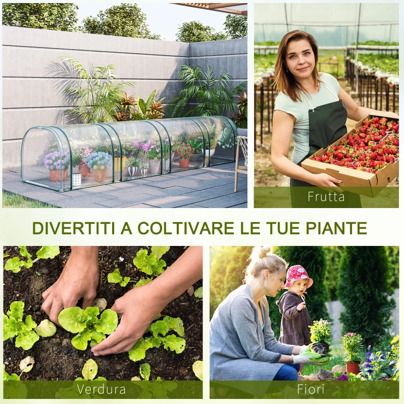 Outsunny Serra a Tunnel in Acciaio e PVC Impermeabile e Anti UV con 4 Porte a Cerniera, 395x100x80 cm