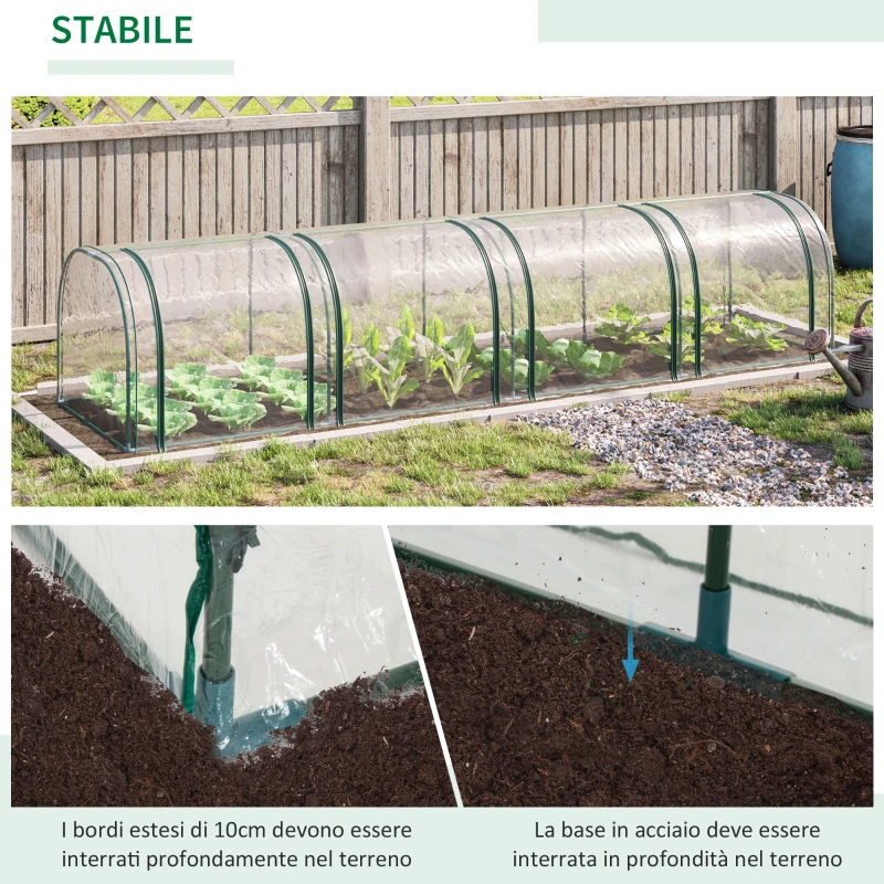 Outsunny Serra a Tunnel in Acciaio e PVC Impermeabile e Anti UV con 4 Porte a Cerniera, 395x100x80 cm