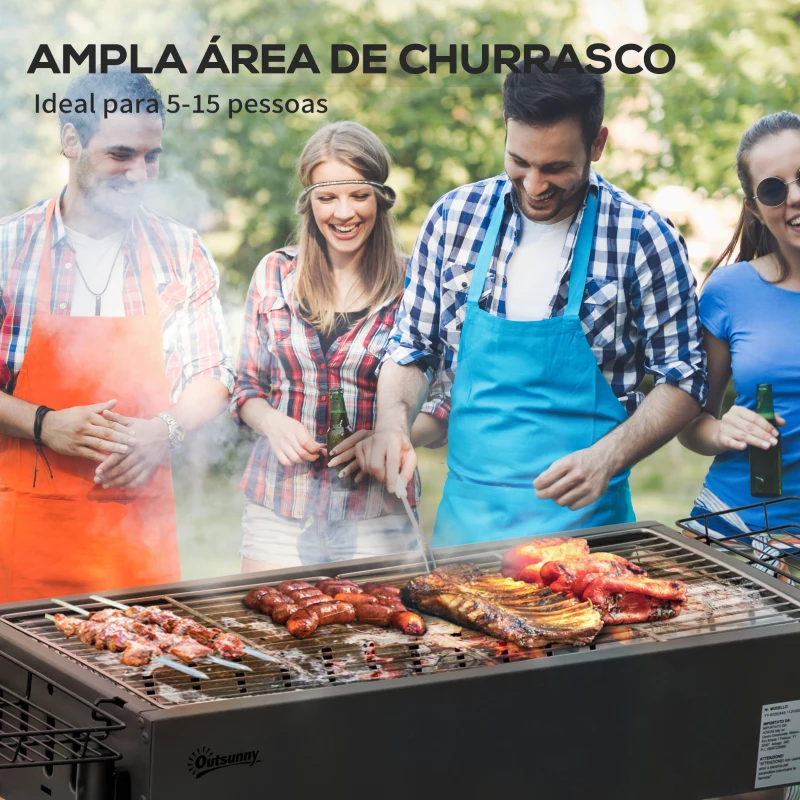 Outsunny Barbecue a Carvão com 2 Grelhas de Aço Inoxidável Portátil com 2 Prateleiras para Temperos com Ganchos 77x30x70 cm Preto