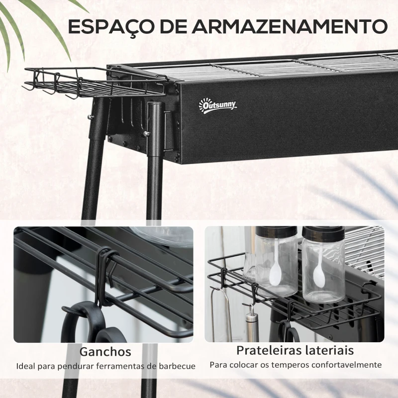 Outsunny Barbecue a Carvão com 2 Grelhas de Aço Inoxidável Portátil com 2 Prateleiras para Temperos com Ganchos 77x30x70 cm Preto