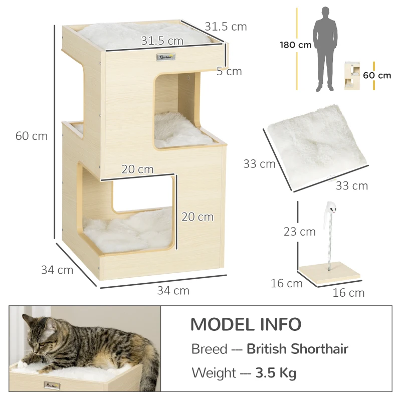 PawHut Casuta Eleganta Apartament pentru Pisici cu 3 Nivele cu Jucarii Amuzante, Pat pentru Pisoi cu Perne Moi, Centru de activitate cu Intrari pentru Pisici, Gri