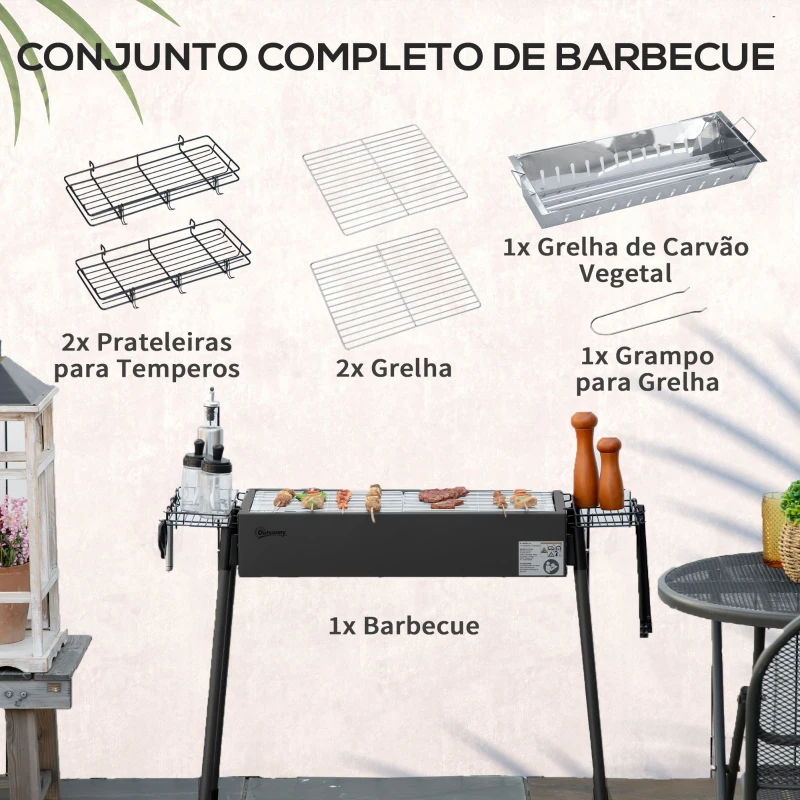 Outsunny Barbecue a Carvão com 2 Grelhas de Aço Inoxidável Portátil com 2 Prateleiras para Temperos com Ganchos 77x30x70 cm Preto