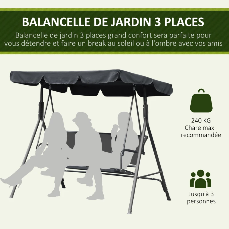 Outsunny Balancelle de Jardin 3 Places Grand Confort Toit imperméabilisé Inclinaison réglable Assise et Dossier Ergonomique Acier textilène Gris