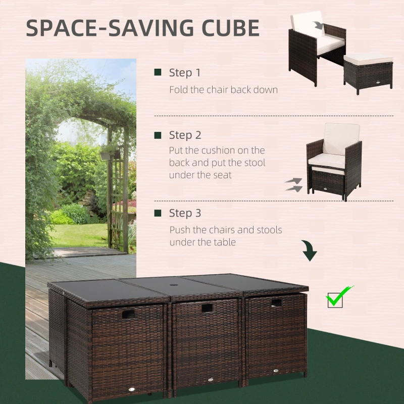 Outsunny Outdoor 11pc Rattan Garden Furniture Patio Dining Set 10-seater Cube Sofa Weave Wicker 6 Chairs 4 Footrests & 1 Table Mixed Brown