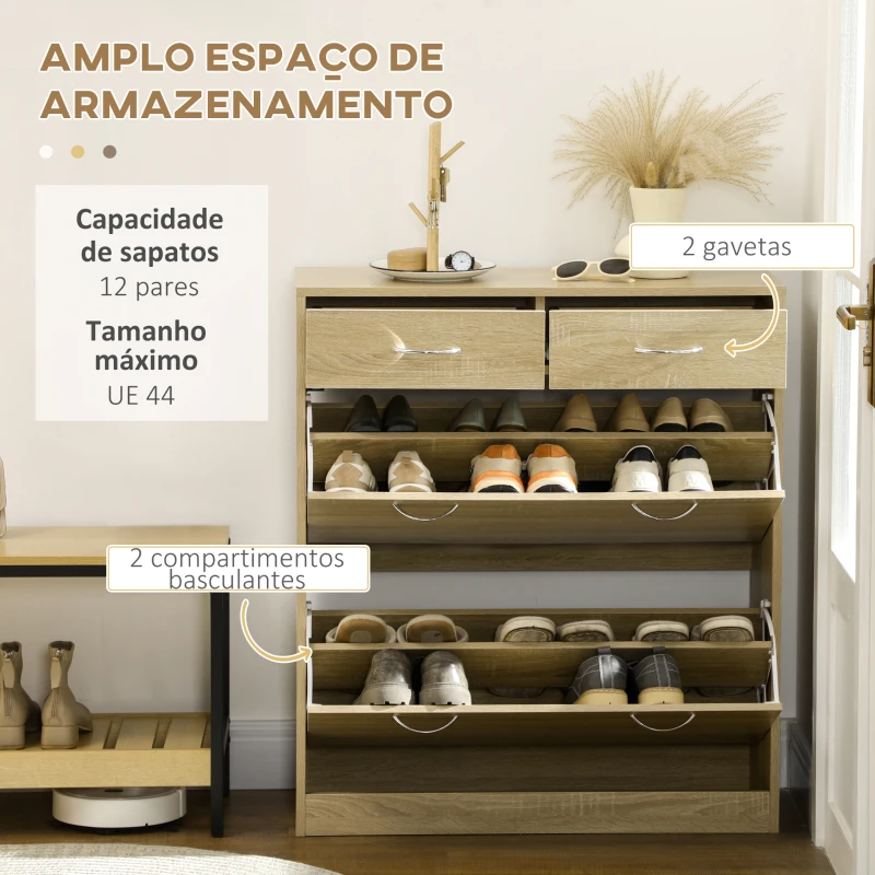 HOMCOM Sapateira Estreito com 2 Compartimentos e 2 Gavetas para 12 Pares de Sapatos 80x30x91,5 cm Carvalho