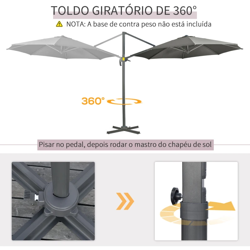 Outsunny Chapéu de Sol de Jardim Excêntrico com Rotação 360° Inclinação Manivela e Base Cruzada Ø293x248 cm Cinza Escuro