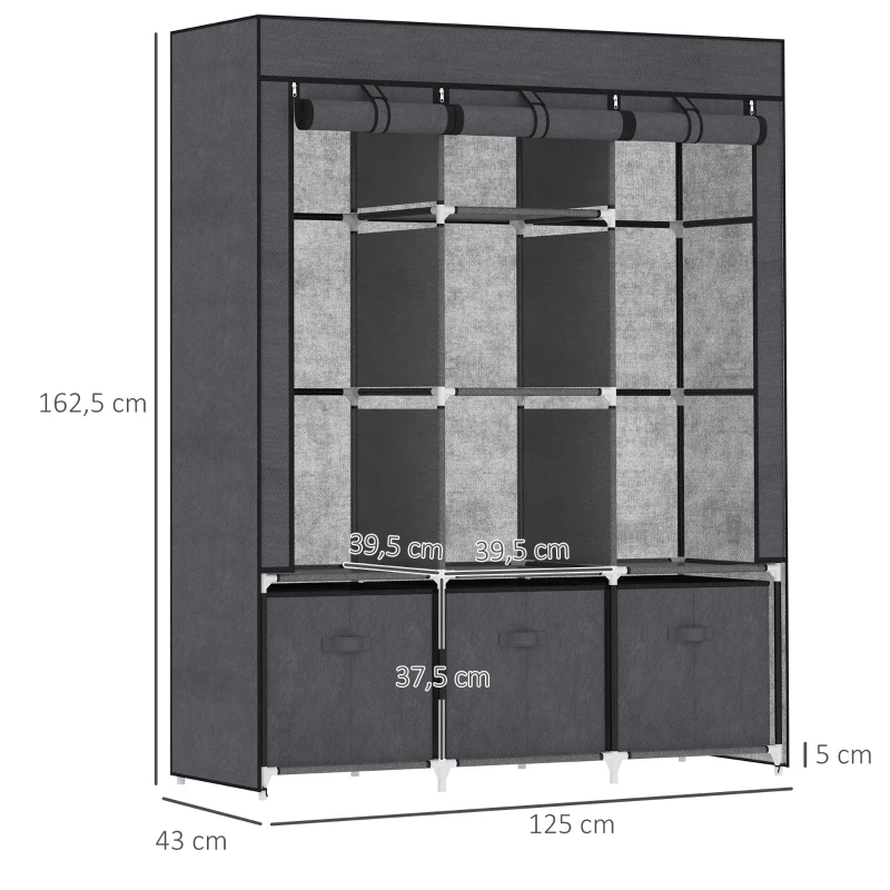 HOMCOM stoffen kledingkast, kledingkast met kledingrekken en laden, opvouwbare kledingkast met ritssluiting, opvouwbare kledingkast voor slaapkamer, niet-geweven stof, donkergrijs, 125 x 43 x 162,5 cm(m-3)