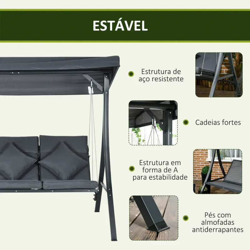 Outsunny Baloiço de Jardim de 3 Lugares com Toldo Ajustável 3 Almofadas e Estrutura de Aço 202x115x168 cm Cinza