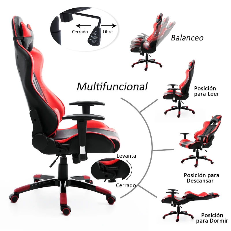 HOMCOM Silla de Oficina Silla Ergonómico Reclinable y Basculante Altura Ajustable Giratorio con Ruedas Reposacabezas y Soporte Lumbar Carga 120 kg 67x67x123-132 cm Rojo