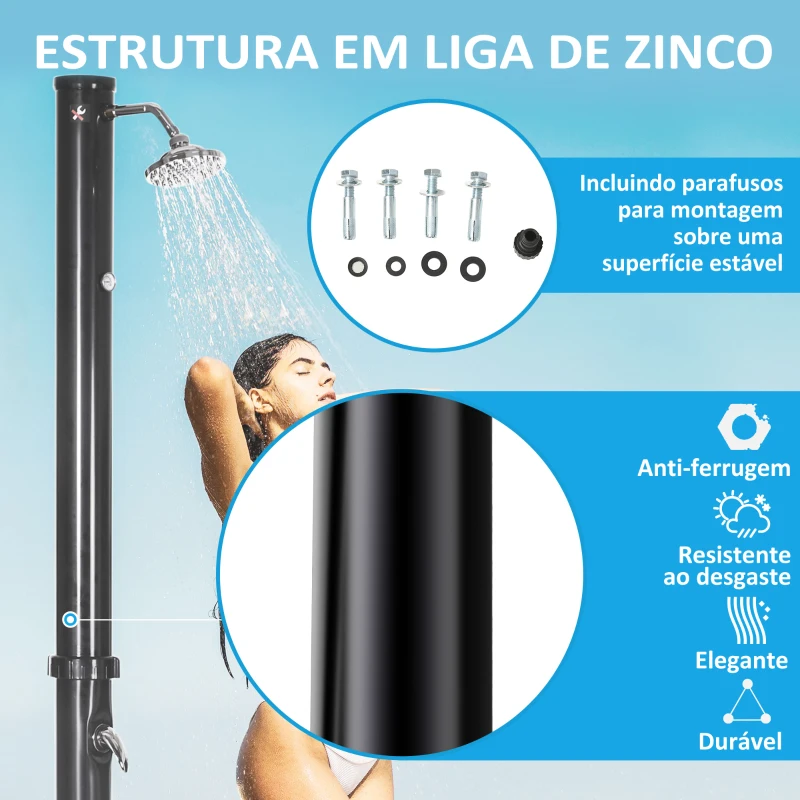 Outsunny Duche Solar de Jardim 20L Duche de Exterior com Cabeçal Redondo Torneira de Água Quente Máximo 60℃ 15,5x15,5x222 cm Preto