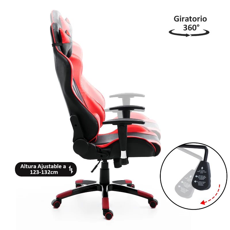 HOMCOM Silla de Oficina Silla Ergonómico Reclinable y Basculante Altura Ajustable Giratorio con Ruedas Reposacabezas y Soporte Lumbar Carga 120 kg 67x67x123-132 cm Rojo