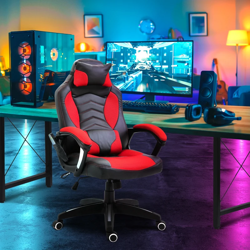 HOMCOM Luxe fauteuil/chaise de bureau gamer fonction massage + chauffage intégrée dossier inclinable rouge