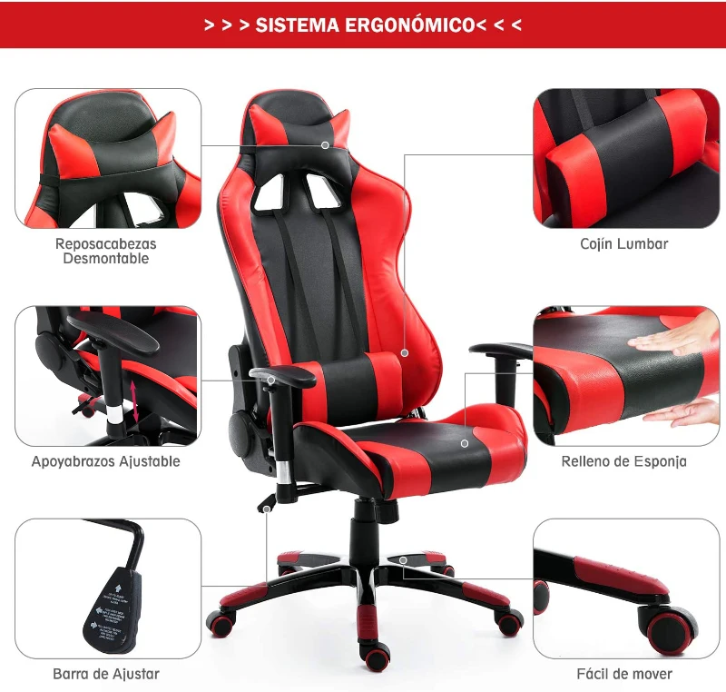 HOMCOM Silla de Oficina Silla Ergonómico Reclinable y Basculante Altura Ajustable Giratorio con Ruedas Reposacabezas y Soporte Lumbar Carga 120 kg 67x67x123-132 cm Rojo