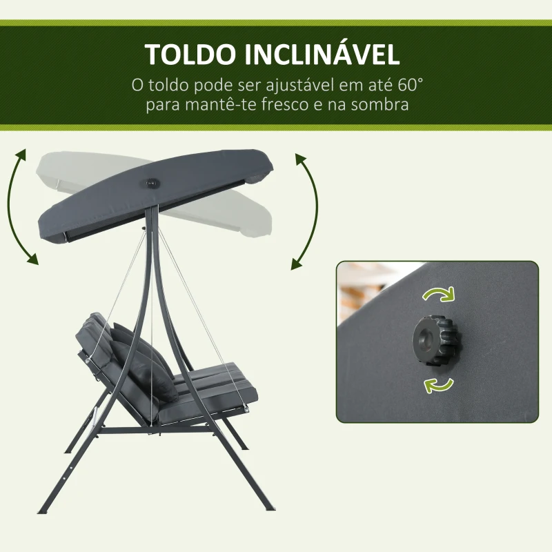 Outsunny Baloiço de Jardim de 3 Lugares com Toldo Ajustável 3 Almofadas e Estrutura de Aço 202x115x168 cm Cinza