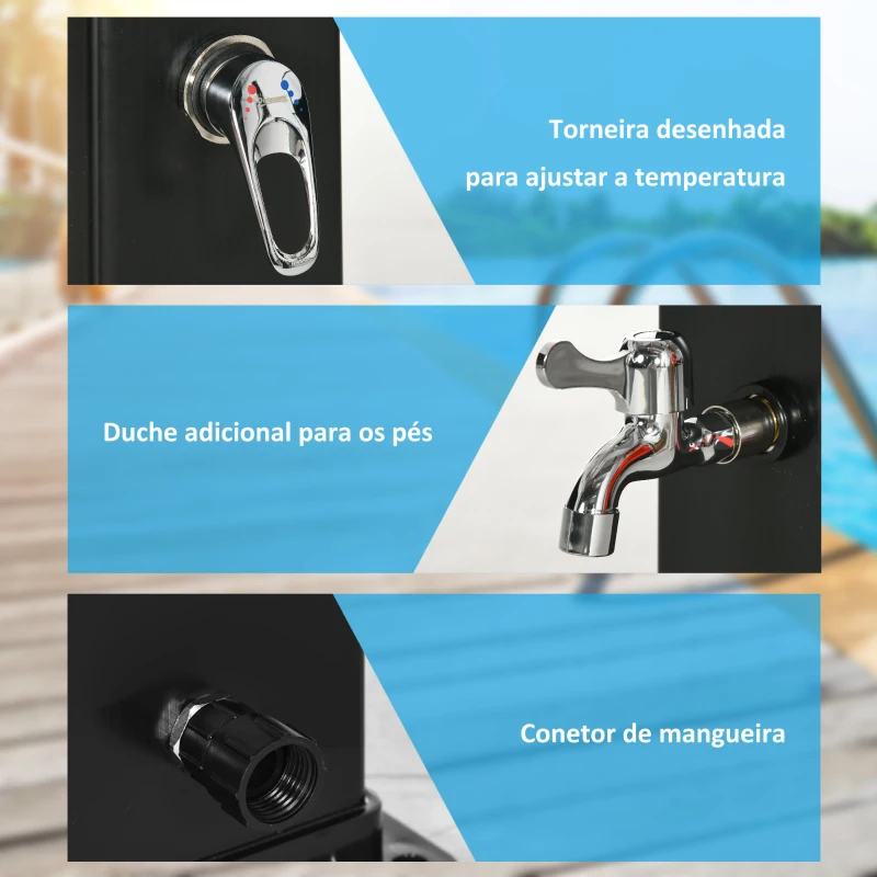 Outsunny Duche Solar Exterior 40L Duche de Jardim com Cabeçal Torneira Água Quente até 60℃ e Duche de Pés 19x20x217 cm Preto