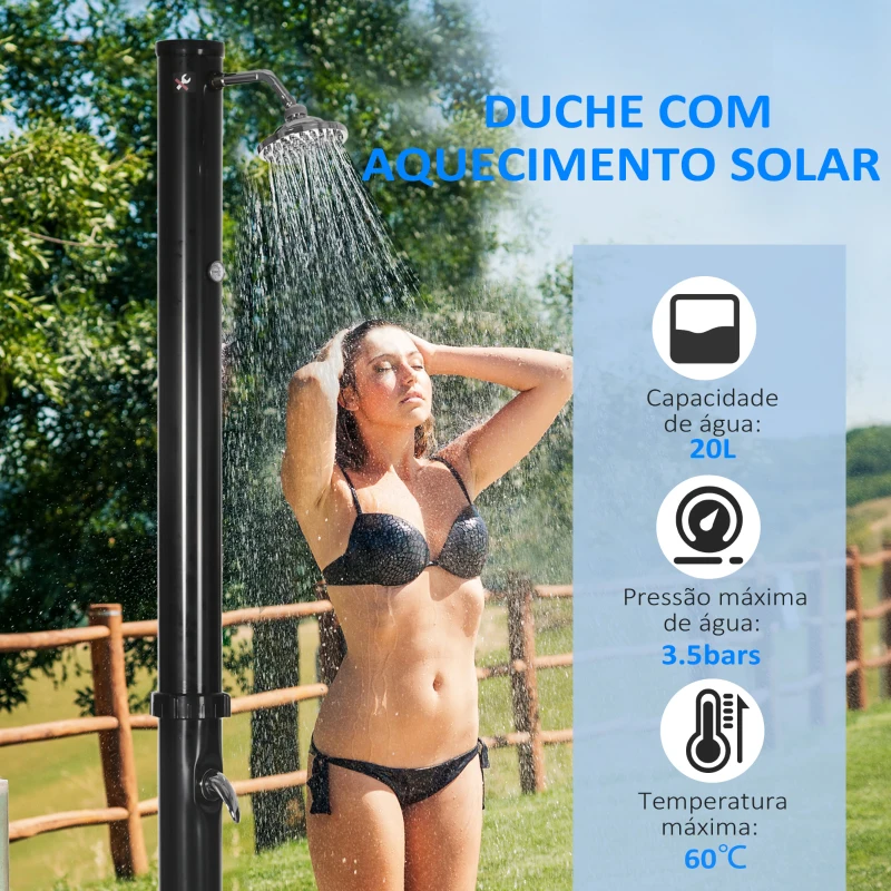 Outsunny Duche Solar de Jardim 20L Duche de Exterior com Cabeçal Redondo Torneira de Água Quente Máximo 60℃ 15,5x15,5x222 cm Preto
