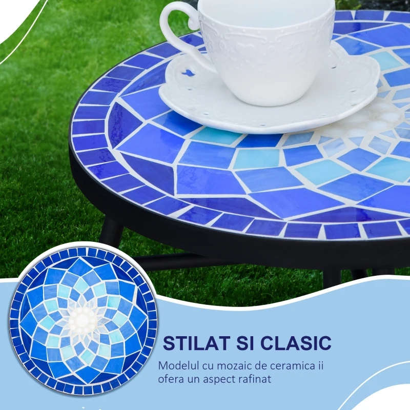 Masuta de Gradina Rotunda din Metal Outsunny cu Blat din Ceramica, Ф35,5x53,5 cm, Albastru si Alb