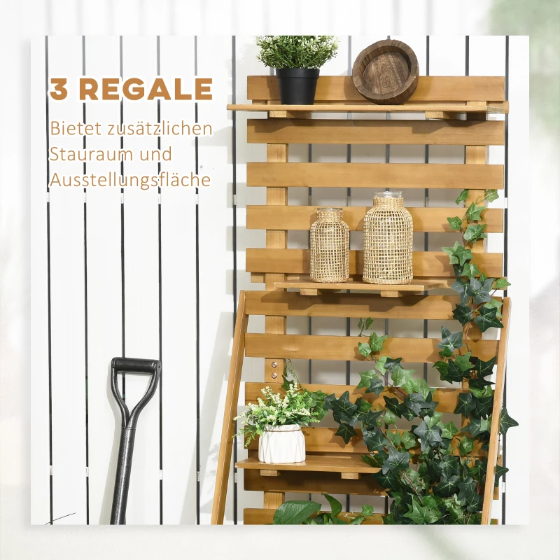 Outsunny Podwyższona grządka z 3 półkami, w tym rusztem do pnączy, odporna na warunki atmosferyczne, z solidnego drewna, 63 cm x 39 cm x 160 cm, Naturalna