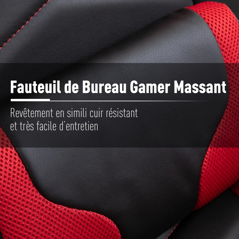 HOMCOM Luxe fauteuil/chaise de bureau gamer fonction massage + chauffage intégrée dossier inclinable rouge