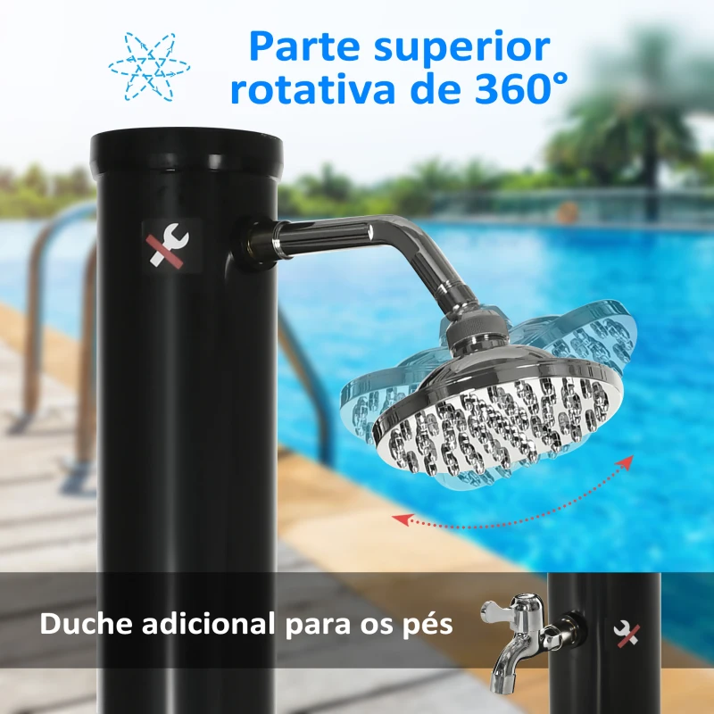 Outsunny Duche Solar de Jardim 20L Duche de Exterior com Cabeçal Redondo Torneira de Água Quente Máximo 60℃ 15,5x15,5x222 cm Preto