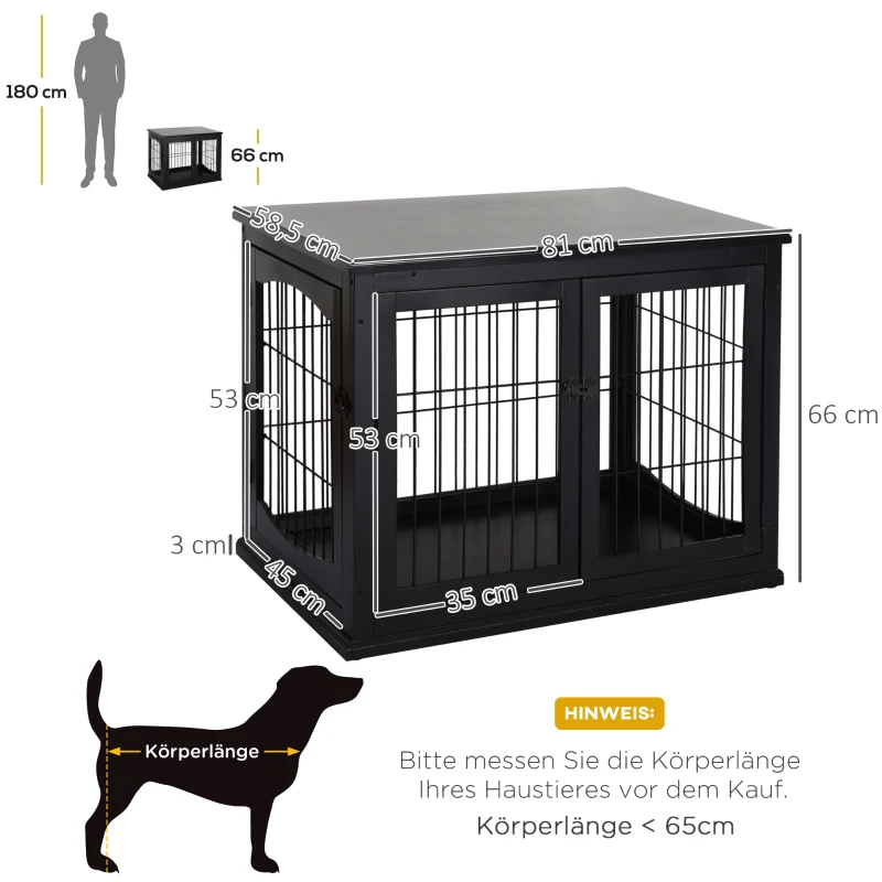 PawHut Transportbox für Hunde 58,5 cm x 81 cm x 66 cm Türen, MDF-Holz Eisen, 58, 5 cm x 81 cm x 66 cm, Schwarz