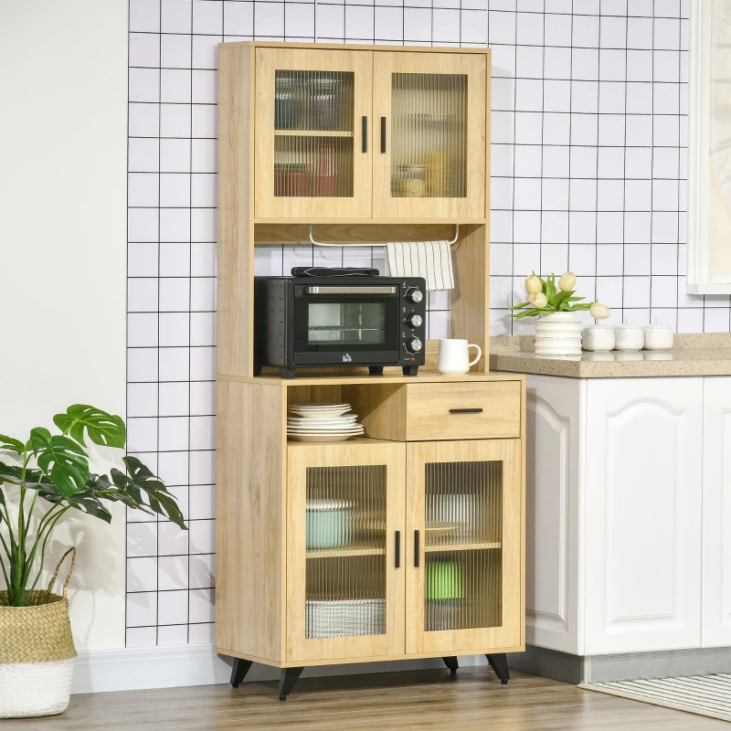 HOMCOM Aparador Alacena de Cocina Mueble Auxiliar con Puertas de Vidrio para Comedor Salón 80x40x184,5 cm Natural