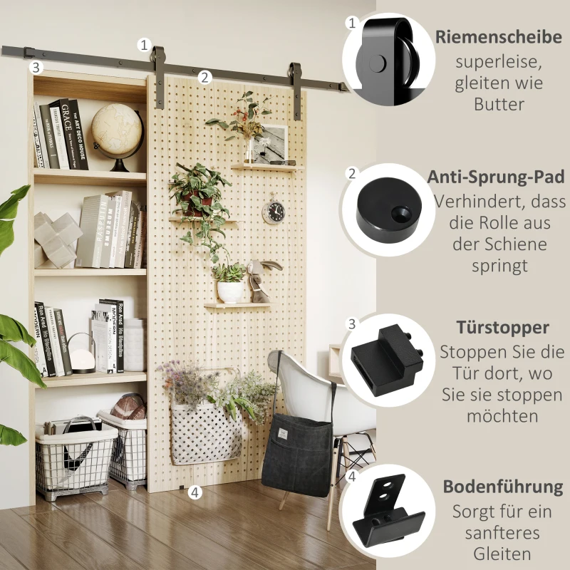 HOMCOM schuifdeurbeslagset met schroeven, complete set voor enkele houten deur