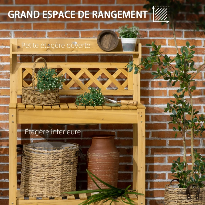 Outsunny Table de rempotage avec tablettes coulissantes évier 2 étagères bois de sapin 92 x 45 x 120 cm