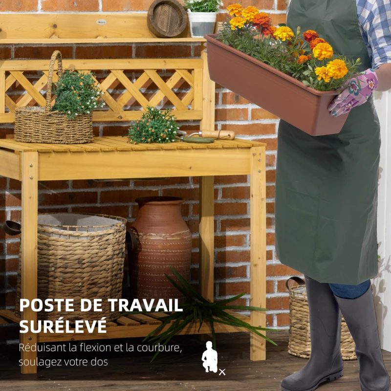 Outsunny Table de rempotage avec tablettes coulissantes évier 2 étagères bois de sapin 92 x 45 x 120 cm